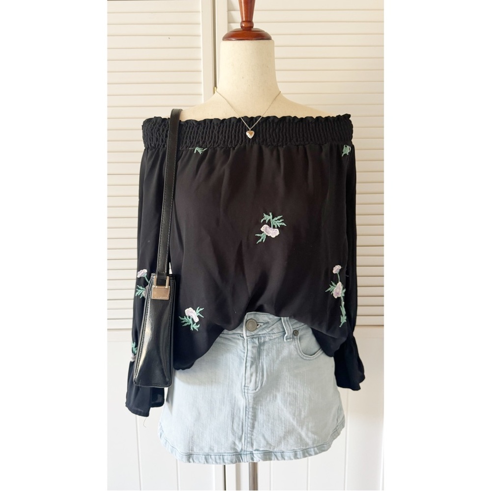 One Heart Off Shoulder Black Chiffon Lilac Stitched Blouse Top